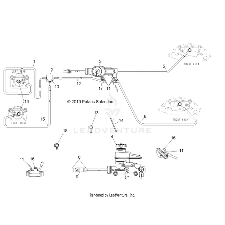 An Image of a Genuine Polaris Parts Schematic Diagram showing the schematic - BRAKES: LINES & MASTER CYLINDER - 2015 POLARIS RANGER 1000 DIESEL