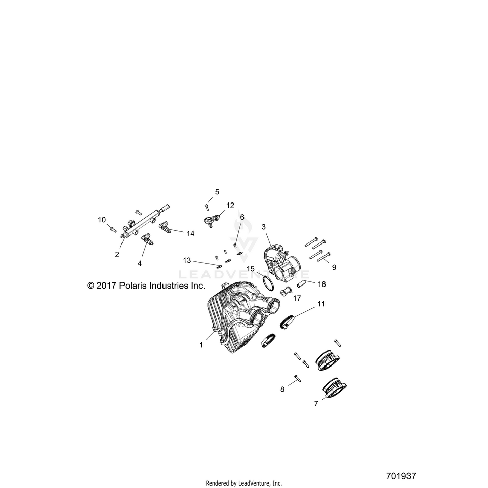 An Image of a Genuine Polaris Parts Schematic Diagram showing the schematic - ENGINE: INTAKE & THROTTLE BODY - 2018 POLARIS RANGER CREW 1000 EPS
