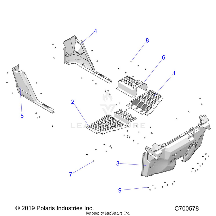 An Image of a Genuine Polaris Parts Schematic Diagram showing the schematic - BODY: FLOOR & ROCKER - 2022 POLARIS RANGER 1000 EPS FULL SIZE