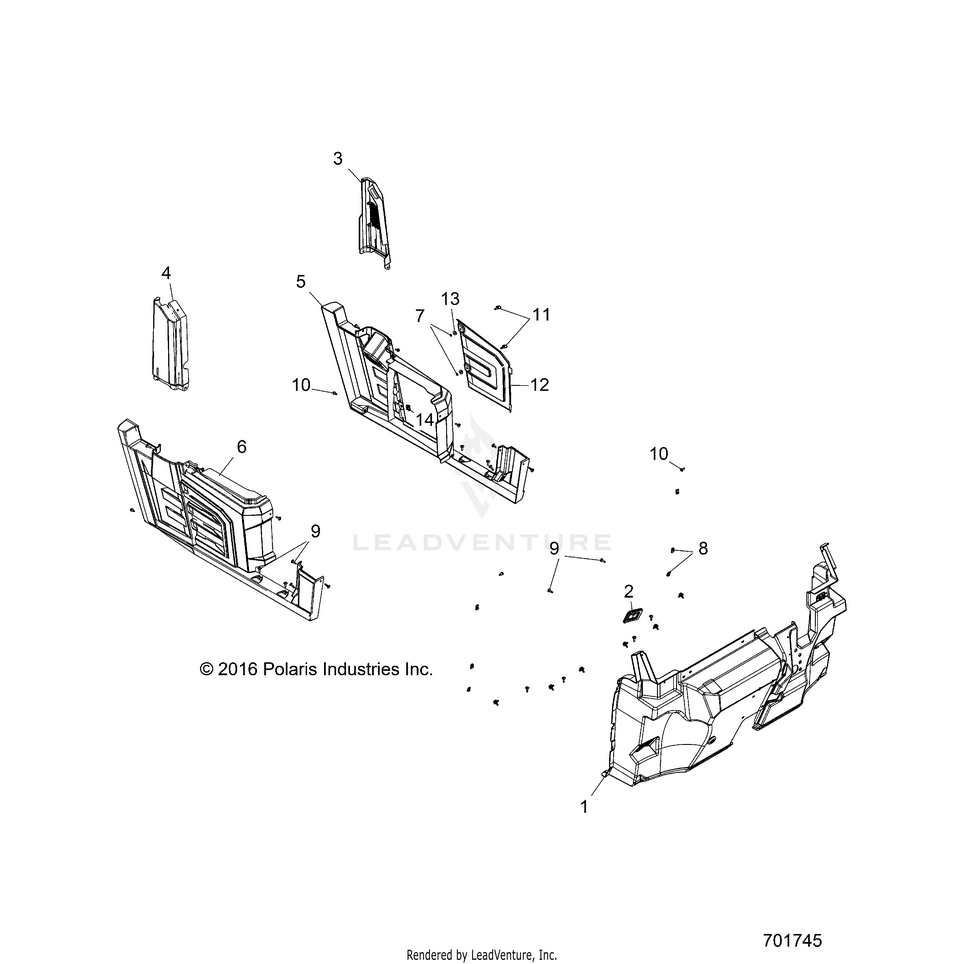 An Image of a Genuine Polaris Parts Schematic Diagram showing the schematic - BODY: FRONT FLOOR & FENDER - 2017 POLARIS RANGER HST