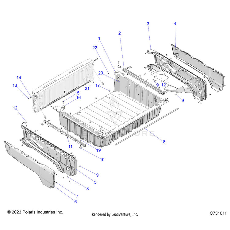 An Image of a Genuine Polaris Parts Schematic Diagram showing the schematic - BODY: BOX ASSEMBLY - 2025 POLARIS RANGER XD 1500 NORTHSTAR CREW