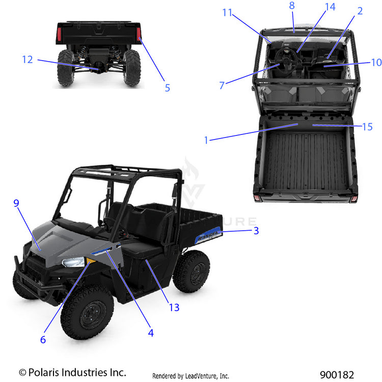 An Image of a Genuine Polaris Parts Schematic Diagram showing the schematic - BODY: DECALS - 2021 POLARIS RANGER EV
