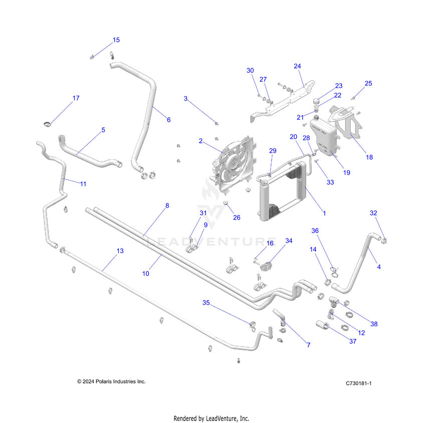An Image of a Genuine Polaris Parts Schematic Diagram showing the schematic - ENGINE: COOLING SYSTEM - 2026 POLARIS RANGER 570 CREW NORTHSTAR