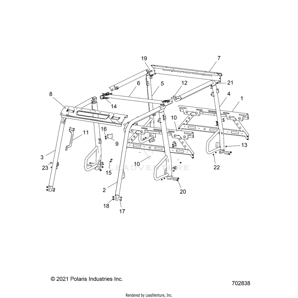 An Image of a Genuine Polaris Parts Schematic Diagram showing the schematic - CHASSIS: CAB FRAME - 2022 POLARIS RANGER CREW 570