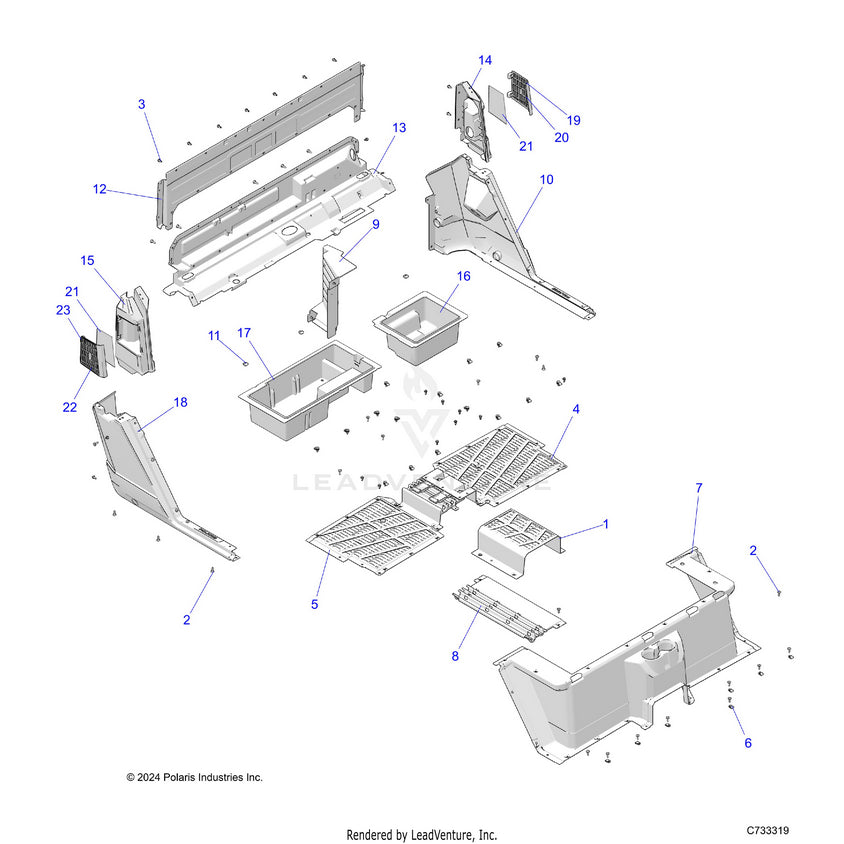 An Image of a Genuine Polaris Parts Schematic Diagram showing the schematic - BODY: FLOOR REAR - 2025 POLARIS RANGER 1000 CREW EPS