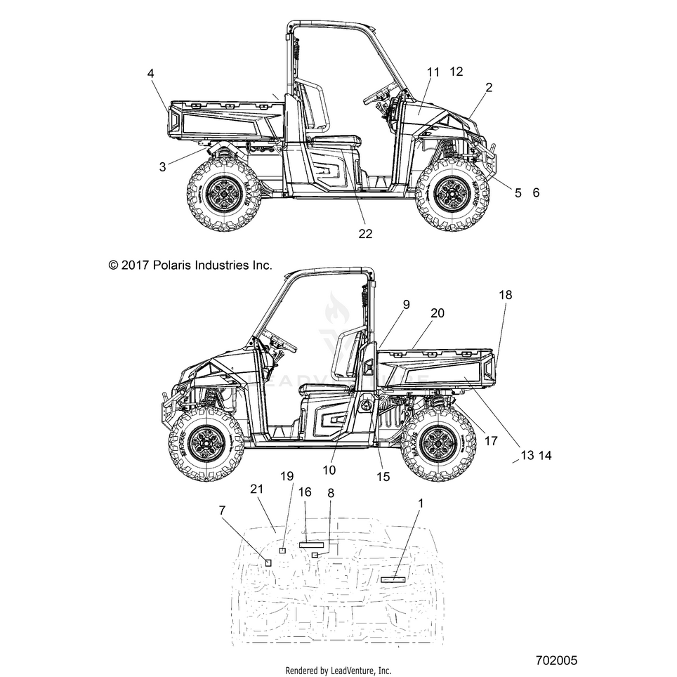 An Image of a Genuine Polaris Parts Schematic Diagram showing the schematic - BODY: DECALS - 2018 POLARIS RANGER 1000 DIESEL