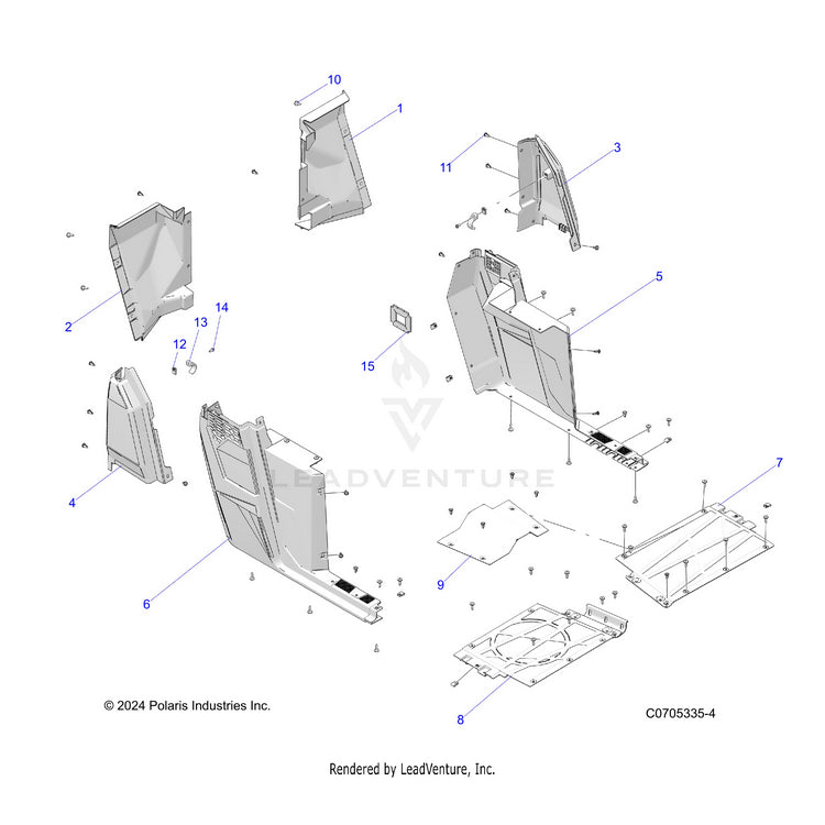 An Image of a Genuine Polaris Parts Schematic Diagram showing the schematic - BODY: REAR FLOOR & ROCKERS - 2022 POLARIS RANGER CREW 570 NORTHSTAR