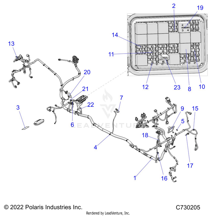 An Image of a Genuine Polaris Parts Schematic Diagram showing the schematic - ELECTRICAL: WIRE HARNESS - 2022 POLARIS RANGER CREW XP 1000 NORTHSTAR ULTIMATE