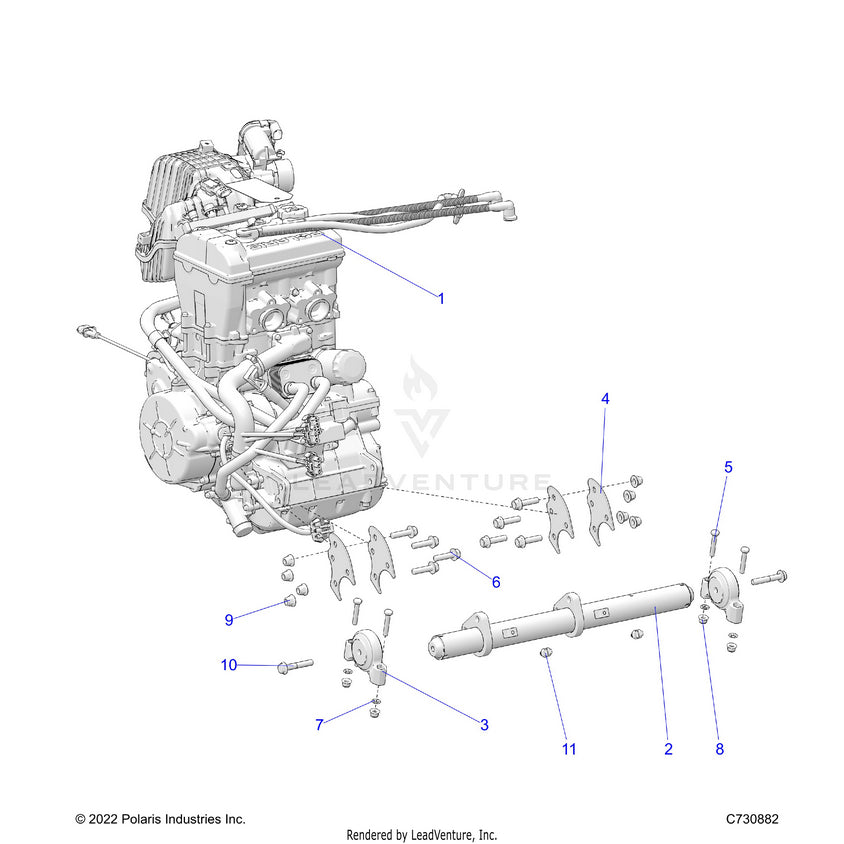 An Image of a Genuine Polaris Parts Schematic Diagram showing the schematic - ENGINE: MOUNTING & LONG BLOCK - 2025 POLARIS RANGER 1000 XP CREW NORTHSTAR PREMIUM TIP OUT WINDSHIELD