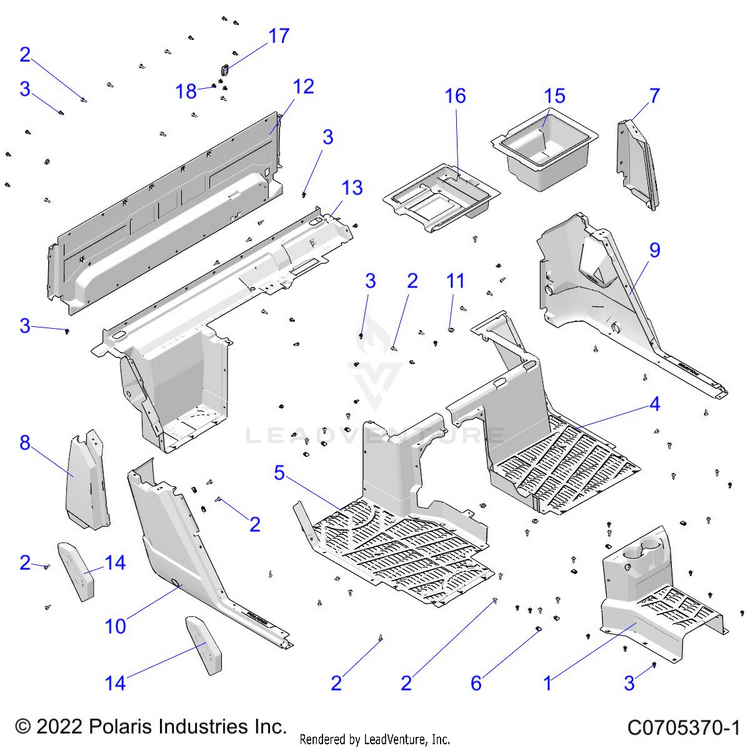 An Image of a Genuine Polaris Parts Schematic Diagram showing the schematic - BODY: FLOOR REAR - 2022 POLARIS RANGER CREW XP 1000 WATERFOWL EVAP