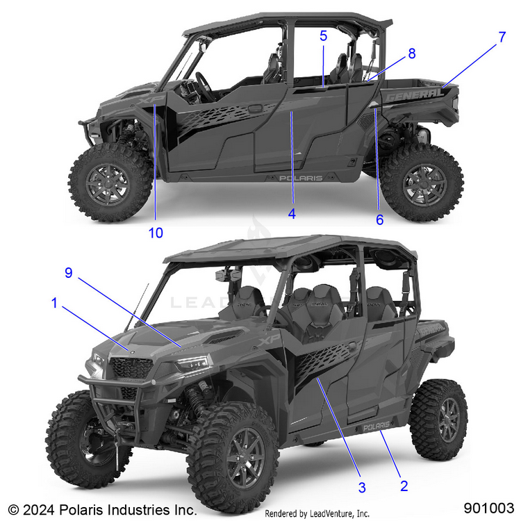 An Image of a Genuine Polaris Parts Schematic Diagram showing the schematic - BODY: DECALS - 2025 POLARIS GENERAL XP 4 1000 ULTIMATE