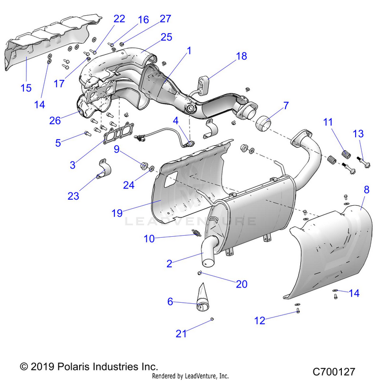 An Image of a Genuine Polaris Parts Schematic Diagram showing the schematic - ENGINE: EXHAUST - 2020 POLARIS RANGER XP 1000 NORTHSTAR FACTORY CHOICE