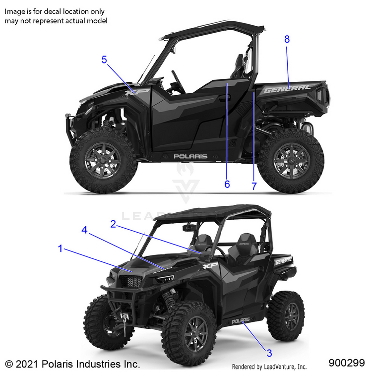 An Image of a Genuine Polaris Parts Schematic Diagram showing the schematic - BODY: DECALS (2) - 2022 POLARIS GENERAL XP 1000 DELUXE RIDE COMMAND