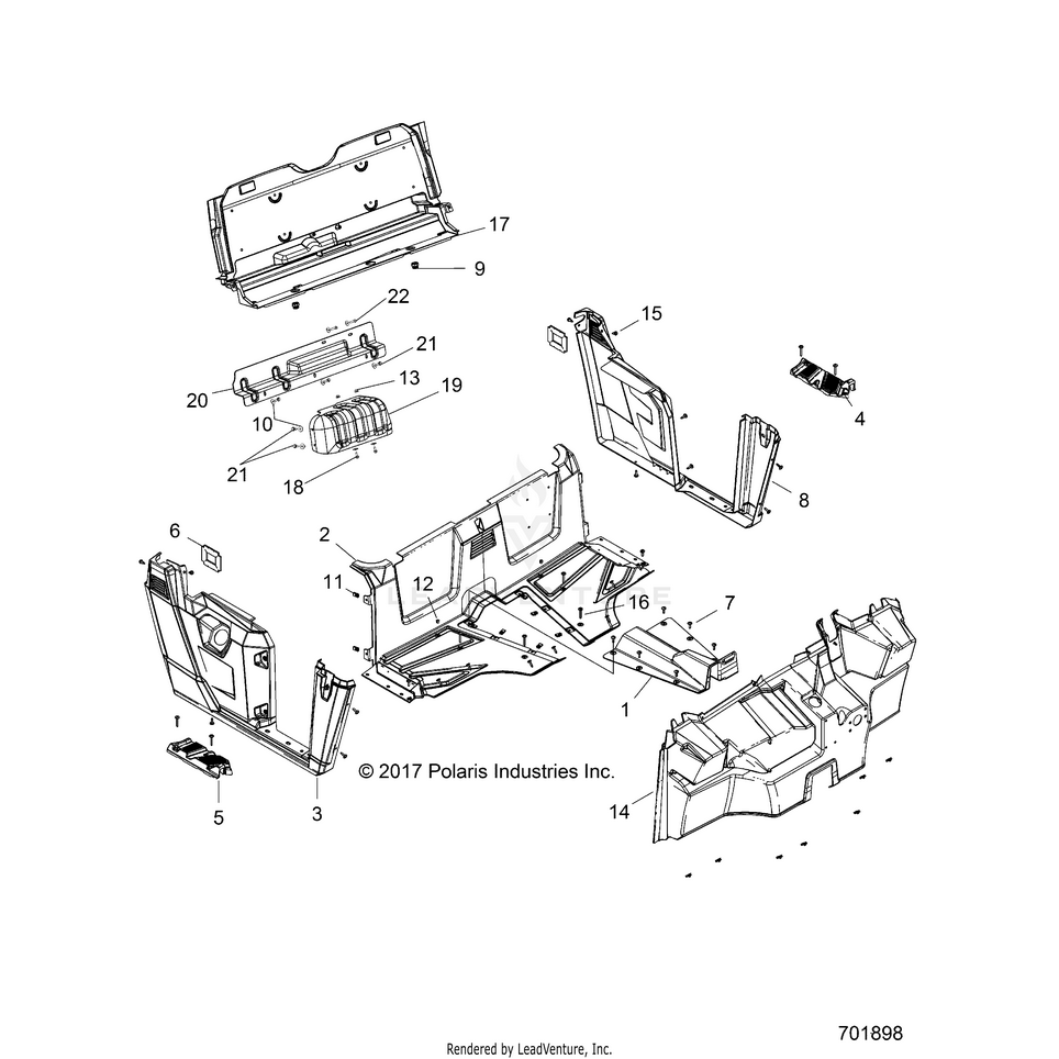 An Image of a Genuine Polaris Parts Schematic Diagram showing the schematic - BODY: FLOOR & FENDERS - 2021 POLARIS RANGER 500