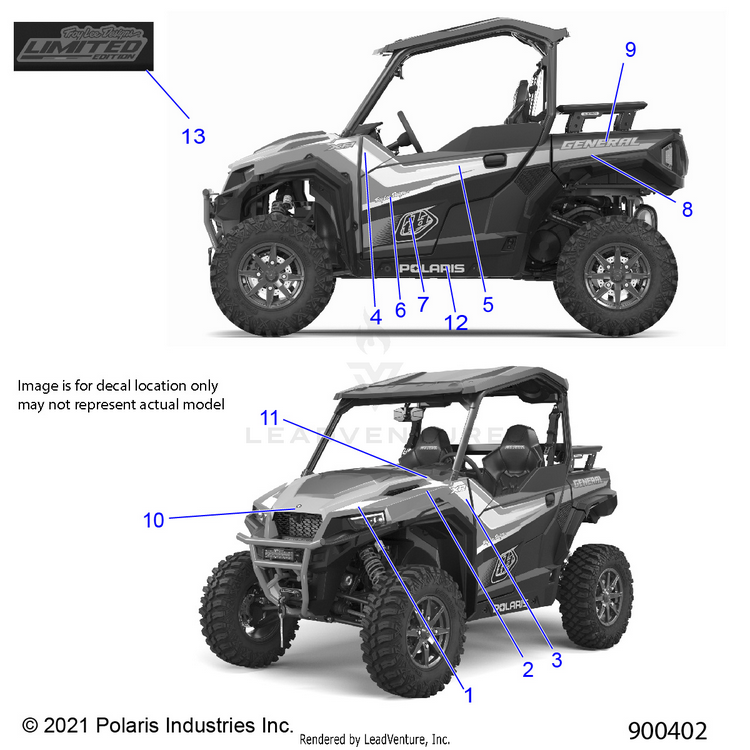 An Image of a Genuine Polaris Parts Schematic Diagram showing the schematic - BODY: DECALS - 2022 POLARIS GENERAL XP 1000 LE TROY LEE