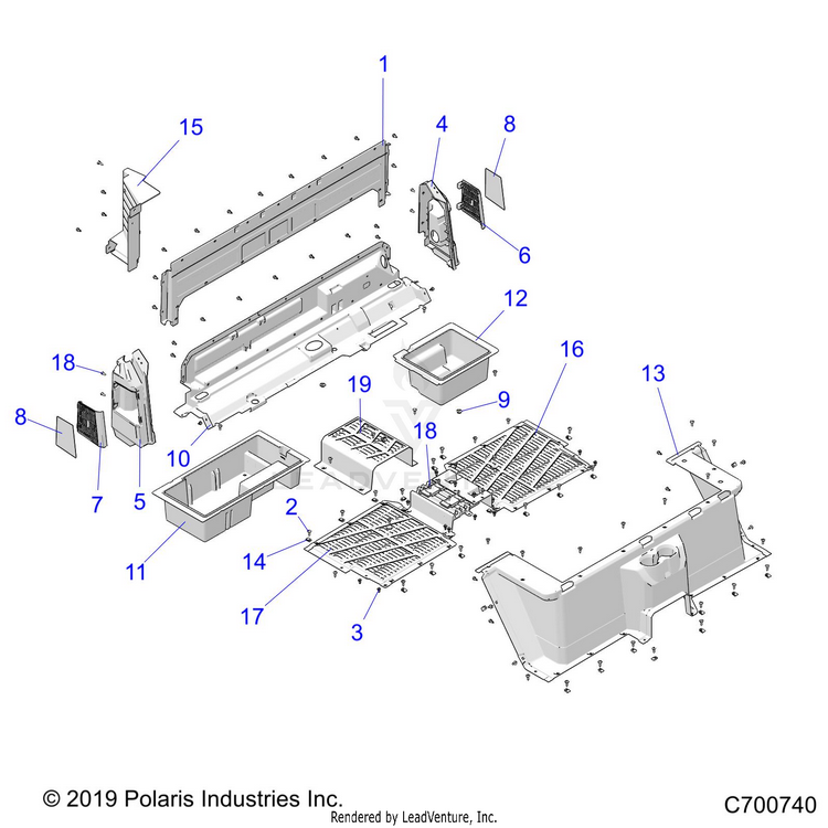 An Image of a Genuine Polaris Parts Schematic Diagram showing the schematic - BODY: REAR CLOSEOFF & FENDERS - 2020 POLARIS RANGER CREW 1000 EPS FULL SIZE