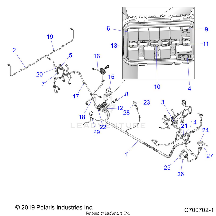 An Image of a Genuine Polaris Parts Schematic Diagram showing the schematic - ELECTRICAL: WIRE HARNESS - 2020 POLARIS RANGER CREW 1000 FULL SIZE EPS FO