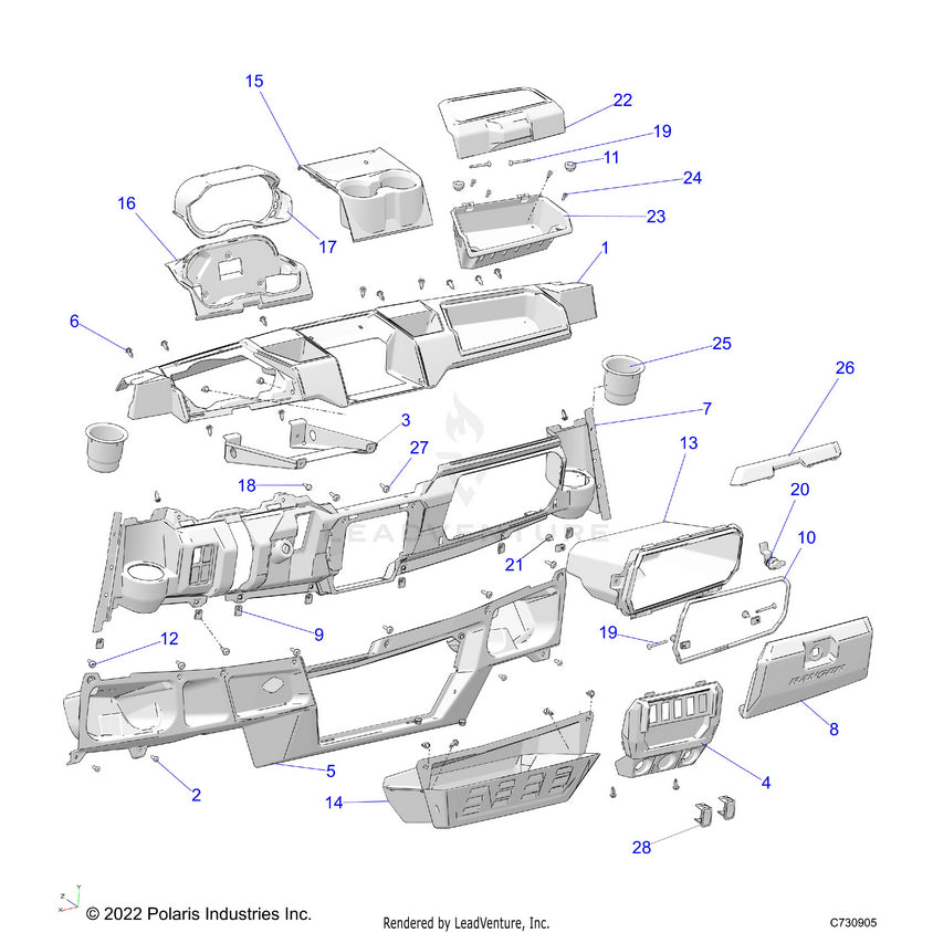 An Image of a Genuine Polaris Parts Schematic Diagram showing the schematic - BODY: DASH - 2024 POLARIS RANGER 1000 XP CREW TEXAS EDITION