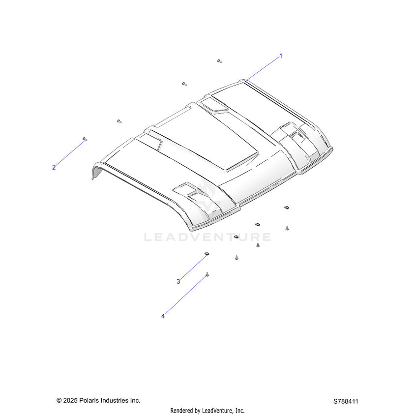 An Image of a Genuine Polaris Parts Schematic Diagram showing the schematic - BODY: ROOF - 2026 POLARIS RANGER 500