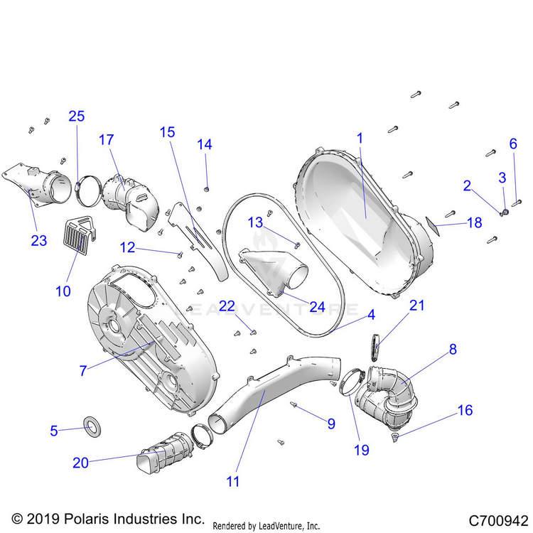 An Image of a Genuine Polaris Parts Schematic Diagram showing the schematic - DRIVE TRAIN: CLUTCH COVER & DUCTING - 2022 POLARIS RANGER 1000 EPS FULL SIZE