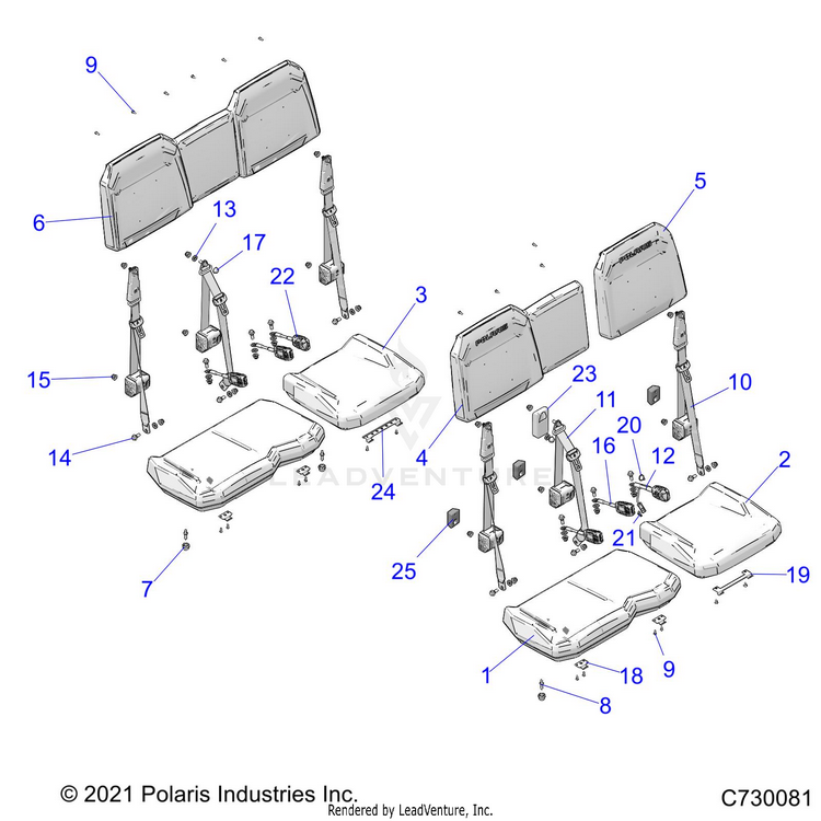An Image of a Genuine Polaris Parts Schematic Diagram showing the schematic - BODY: SEATS - 2021 POLARIS RANGER CREW 1000 EPS EVAP