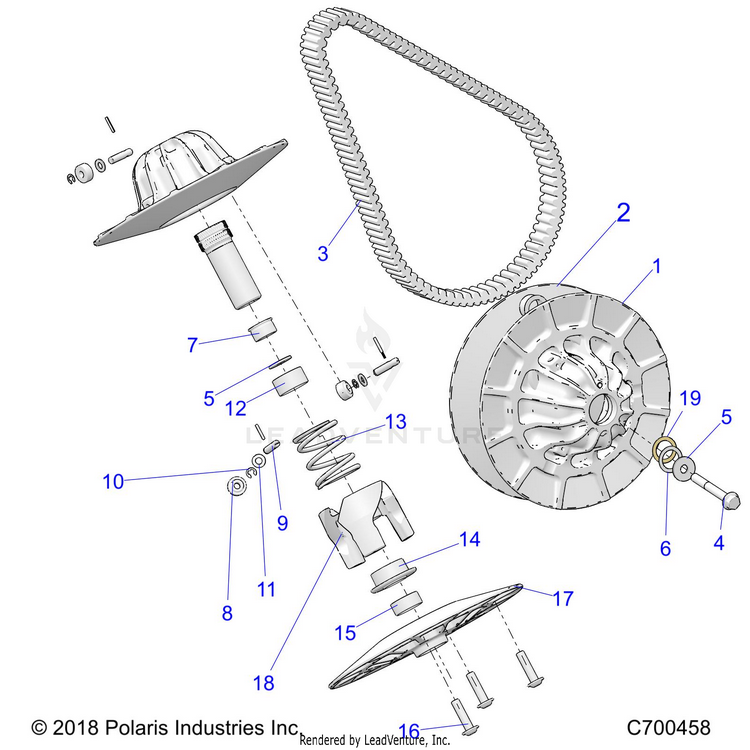 An Image of a Genuine Polaris Parts Schematic Diagram showing the schematic - DRIVE TRAIN: SECONDARY CLUTCH - 2019 POLARIS RANGER CREW XP 1000 NORTHSTAR RIDE COMMAND