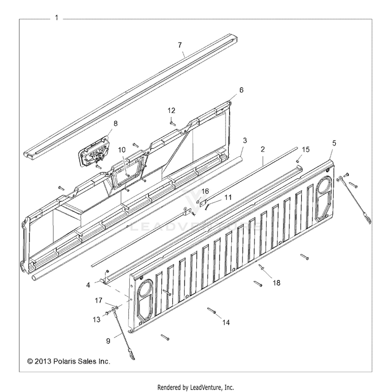 An Image of a Genuine Polaris Parts Schematic Diagram showing the schematic - BODY: BOX TAILGATE - 2017 POLARIS RANGER HST