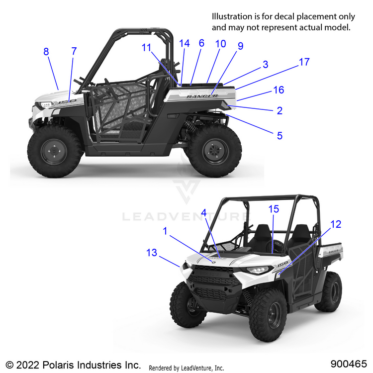 An Image of a Genuine Polaris Parts Schematic Diagram showing the schematic - BODY: DECALS - 2024 POLARIS RANGER 150 EFI