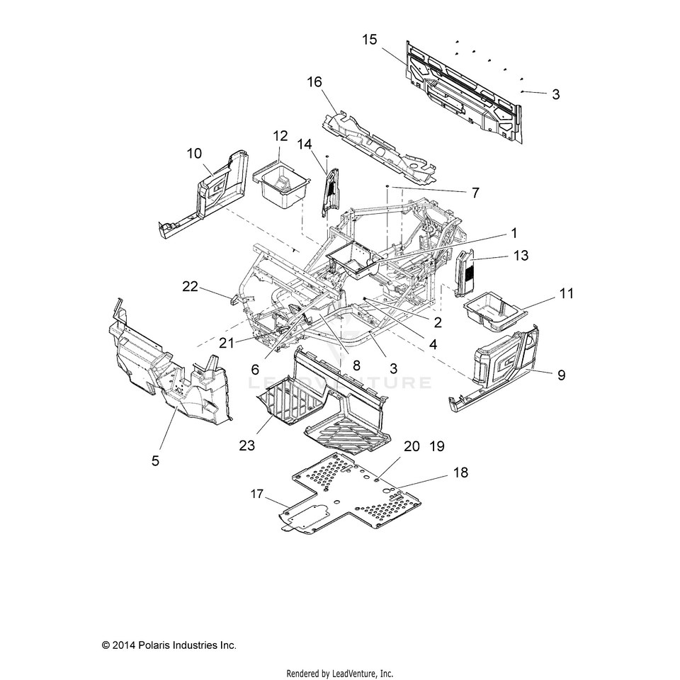 An Image of a Genuine Polaris Parts Schematic Diagram showing the schematic - BODY: FLOOR & FENDERS - 2015 POLARIS RANGER 1000 DIESEL