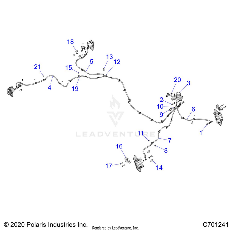 An Image of a Genuine Polaris Parts Schematic Diagram showing the schematic - BRAKES: BRAKE LINES & MASTER CYLINDER - 2021 POLARIS RANGER XP 1000 TRAIL BOSS EVAP