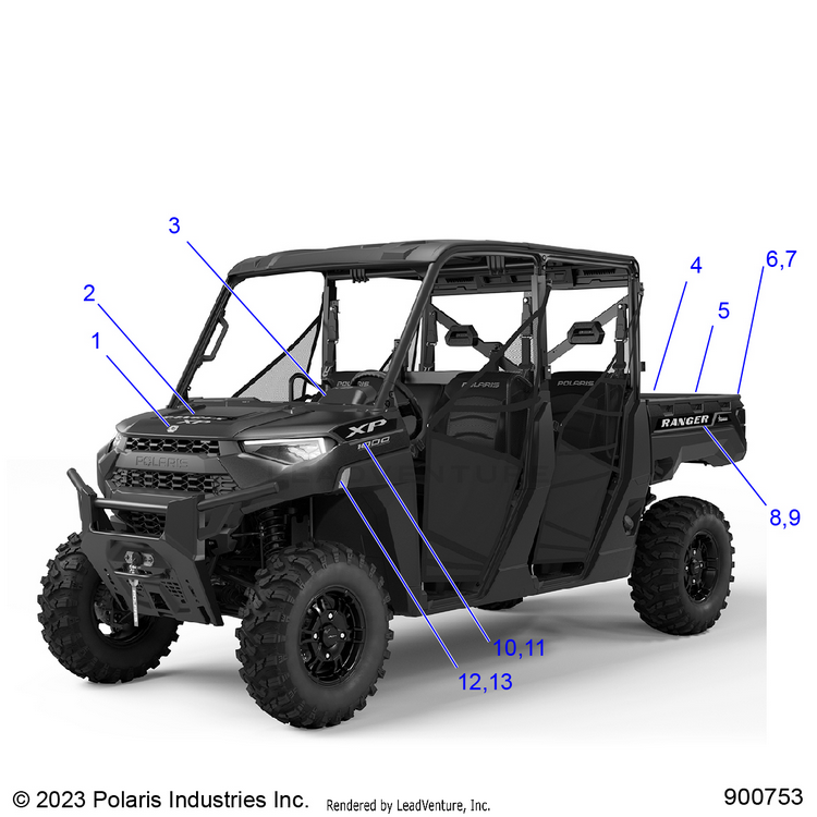 An Image of a Genuine Polaris Parts Schematic Diagram showing the schematic - BODY: DECALS GRAPHIC - 2024 POLARIS RANGER 1000 XP CREW TEXAS EDITION