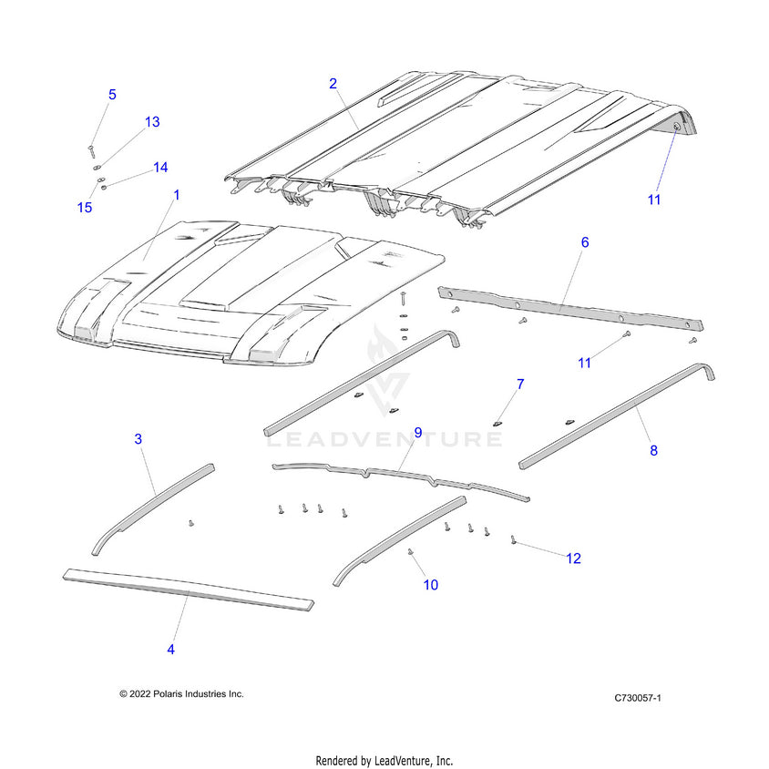An Image of a Genuine Polaris Parts Schematic Diagram showing the schematic - BODY: ROOF - 2022 POLARIS RANGER CREW XP 1000 EPS TEXAS EDITION CA