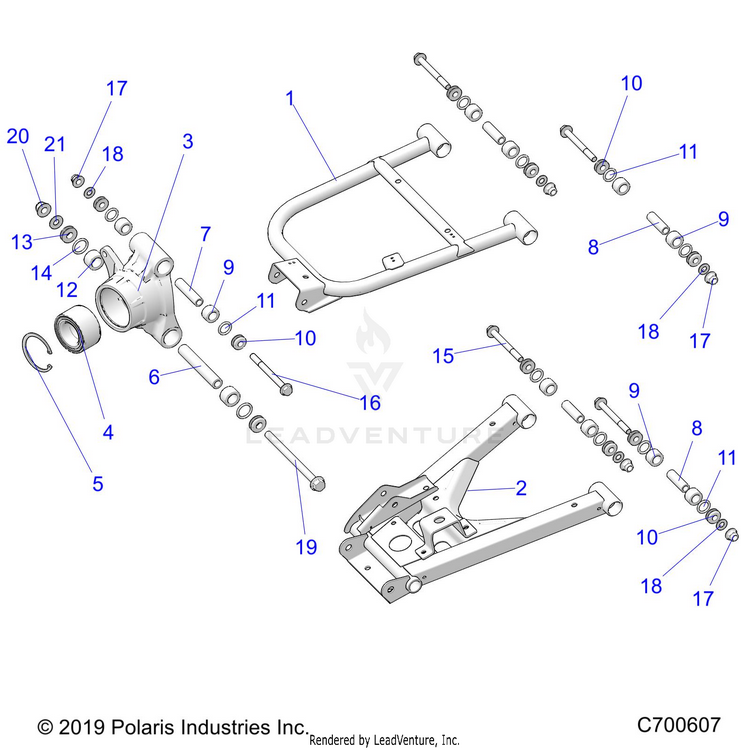 An Image of a Genuine Polaris Parts Schematic Diagram showing the schematic - SUSPENSION: REAR - 2022 POLARIS RANGER 1000 FULL SIZE PREMIUM WINTER