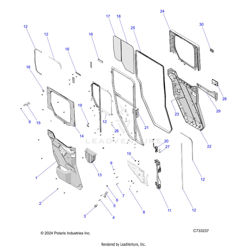 An Image of a Genuine Polaris Parts Schematic Diagram showing the schematic - BODY: DOOR REAR CRANK - 2025 POLARIS RANGER 1000 XP CREW NORTHSTAR PREMIUM TIP OUT WINDSHIELD
