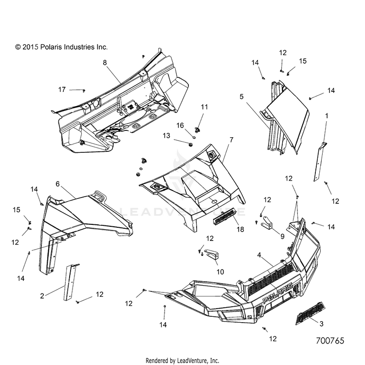 An Image of a Genuine Polaris Parts Schematic Diagram showing the schematic - BODY: HOOD & FRONT FACSIA - 2016 POLARIS RANGER CREW XP 570 FULL SIZE