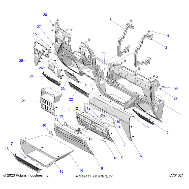 An Image of a Genuine Polaris Parts Schematic Diagram showing the schematic - BODY: DASH LOWER - 2024 POLARIS RANGER XD 1500 PREMIUM CREW