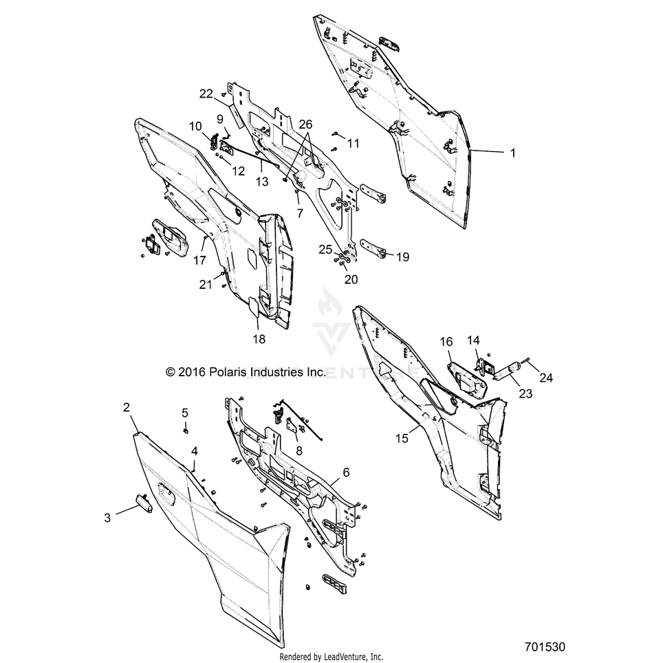 An Image of a Genuine Polaris Parts Schematic Diagram showing the schematic - BODY: DOORS - 2017 POLARIS GENERAL 1000 EPS