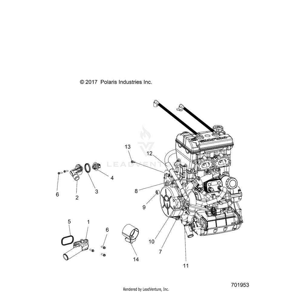 An Image of a Genuine Polaris Parts Schematic Diagram showing the schematic - ENGINE: COOLING THERMOSTAT & BYPASS - 2018 POLARIS RANGER CREW 1000 EPS