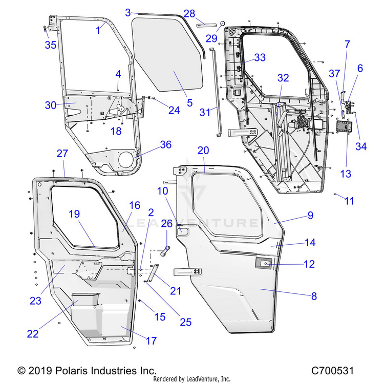 An Image of a Genuine Polaris Parts Schematic Diagram showing the schematic - BODY: DOOR WINDOW PREM FRONT FULL POWER - 2019 POLARIS RANGER CREW XP 1000 NORTHSTAR FACTORY CHOICE