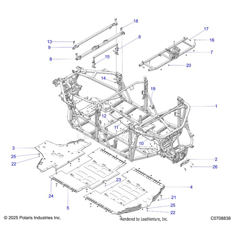 An Image of a Genuine Polaris Parts Schematic Diagram showing the schematic - CHASSIS: MAIN FRAME AND SKID PLATES - 2026 POLARIS XPEDITION XP5 NORTHSTAR
