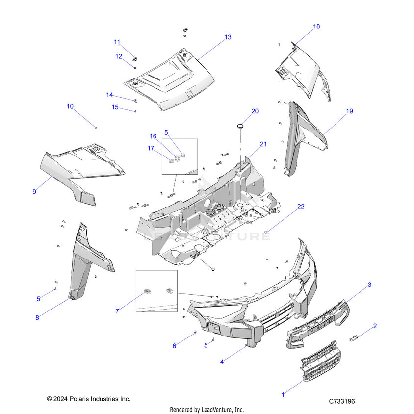 An Image of a Genuine Polaris Parts Schematic Diagram showing the schematic - BODY: HOOD & FRONT FASCIA - 2025 POLARIS RANGER 1000 XP CREW TEXAS EDITION