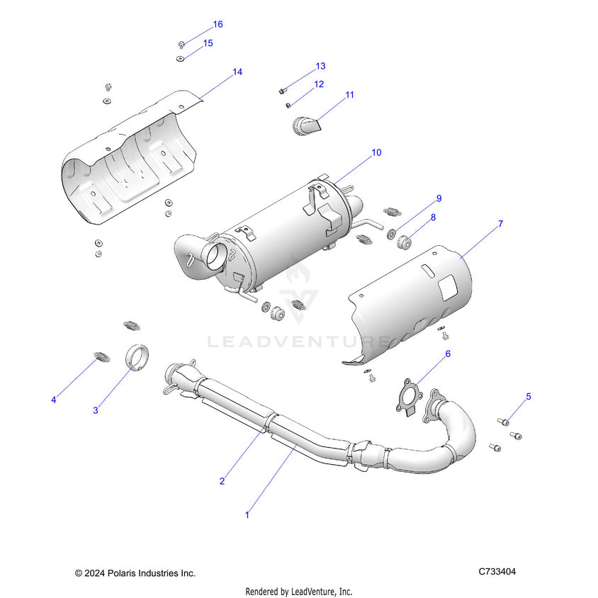 An Image of a Genuine Polaris Parts Schematic Diagram showing the schematic - ENGINE: EXHAUST SYSTEM - 2025 POLARIS RANGER 570 CREW