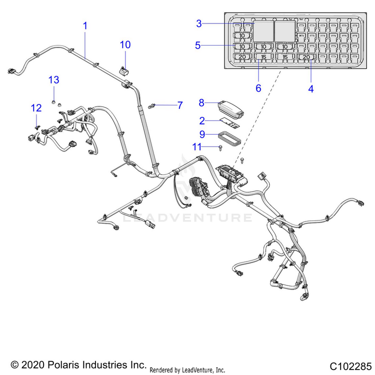 An Image of a Genuine Polaris Parts Schematic Diagram showing the schematic - ELECTRICAL: WIRE HARNESS - 2021 POLARIS RANGER 150 EFI