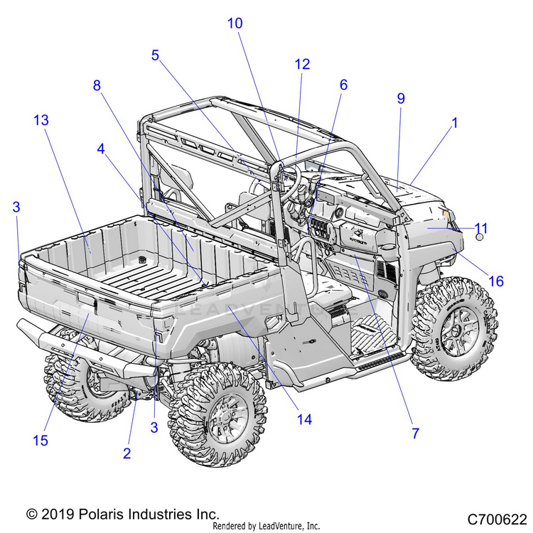 An Image of a Genuine Polaris Parts Schematic Diagram showing the schematic - BODY: DECALS - 2020 POLARIS RANGER 1000 FULL SIZE