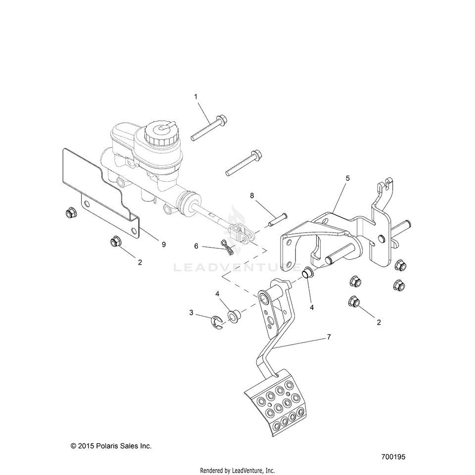 An Image of a Genuine Polaris Parts Schematic Diagram showing the schematic - BRAKES: PEDAL & MASTER CYLINDER MOUNTING - 2015 POLARIS RANGER CREW 1000 DIESEL