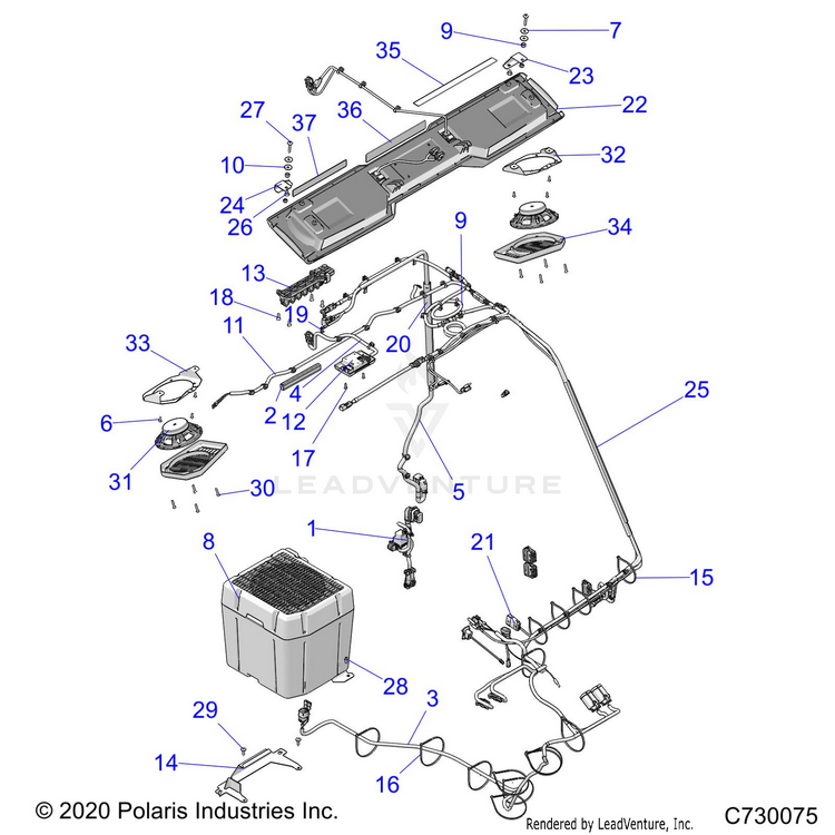 An Image of a Genuine Polaris Parts Schematic Diagram showing the schematic - BODY: ROOF AUDIO ELEC COMP - 2021 POLARIS RANGER XP 1000 EPS NORTHSTAR