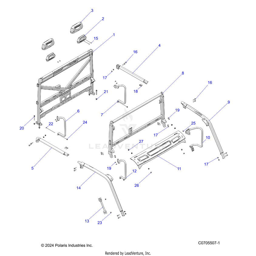 An Image of a Genuine Polaris Parts Schematic Diagram showing the schematic - CHASSIS: CAB FRAME - 2022 POLARIS RANGER CREW XP 1000 WATERFOWL EVAP