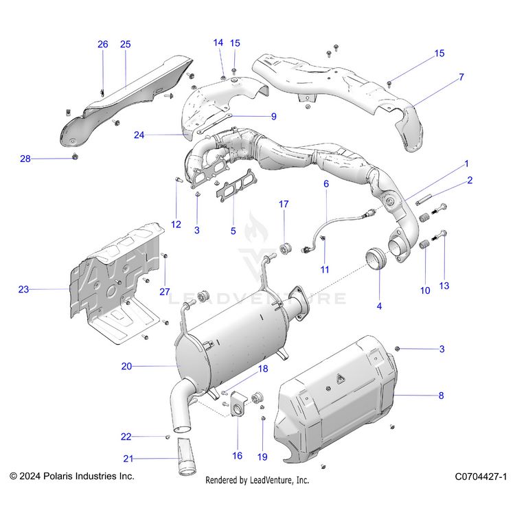 An Image of a Genuine Polaris Parts Schematic Diagram showing the schematic - ENGINE: EXHAUST SYSTEM - 2024 POLARIS XPEDITION XP5 ULTIMATE