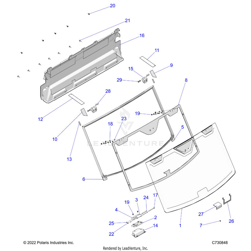 An Image of a Genuine Polaris Parts Schematic Diagram showing the schematic - BODY: WINDSHIELD FIXED - 2024 POLARIS RANGER 1000 XP CREW NORTHSTAR