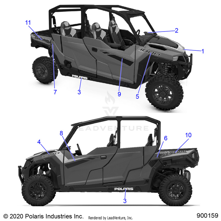 An Image of a Genuine Polaris Parts Schematic Diagram showing the schematic - BODY: DECALS - 2021 POLARIS GENERAL 4 1000 PREMIUM EPS